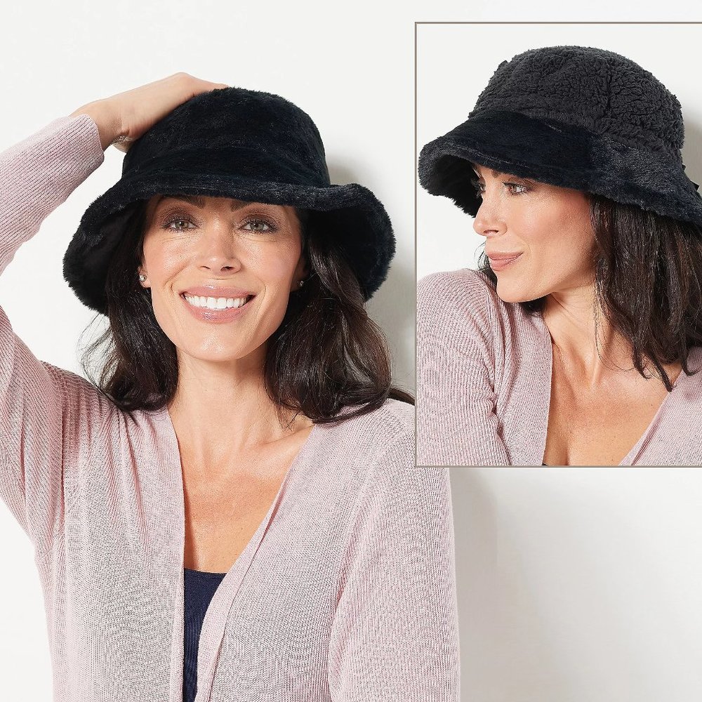 Sprigs Reversible Faux Fur and Sherpa Bucket Hat - Black (OS) a455064